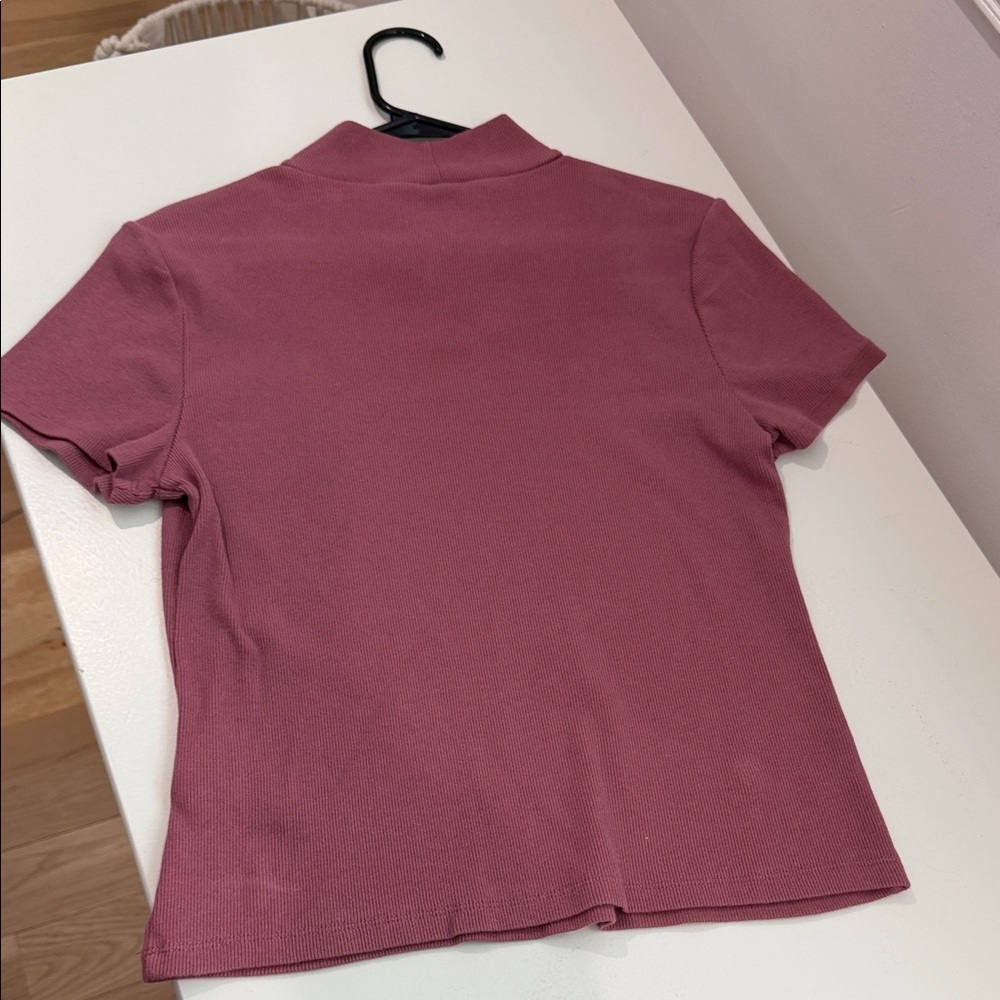 Maeve Anthropologie Mock Neck Short Sleeve Top in Dusty Rose